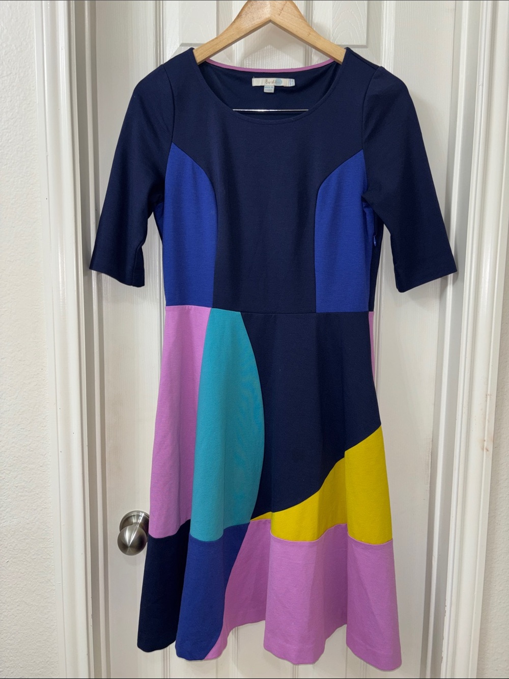 Boden Colorblock Fit-and-Flare Midi Dress in Navy, Pink, Yellow and Teal size 8R - Picture 2 of 6